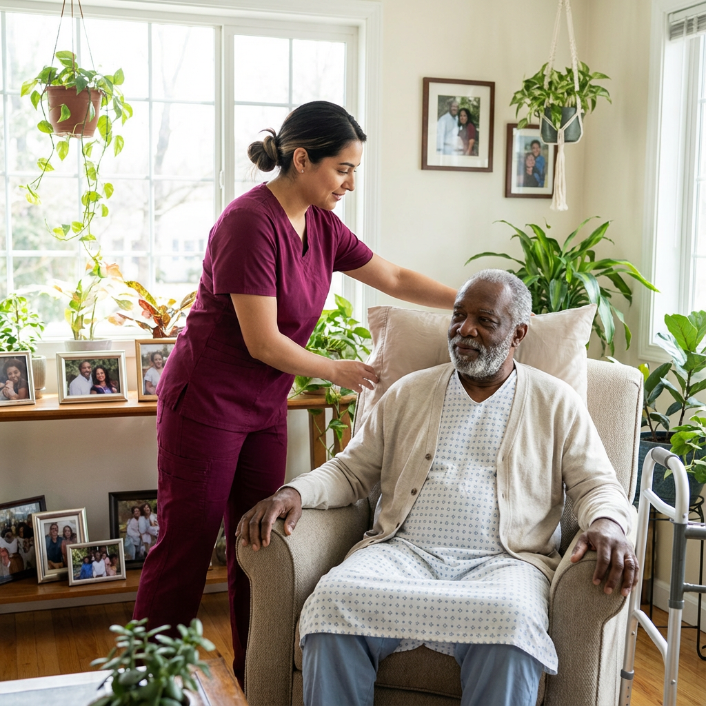 A home care caregiver in scrubs attending to a senior man in a bright, comfortable living room